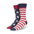 Pair of American Flag XL crew socks. One sock has navy blue stars on a white background; the other has red and white stripes.