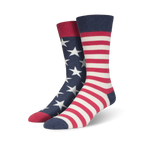 Pair of American Flag XL crew socks. One sock has navy blue stars on a white background; the other has red and white stripes.