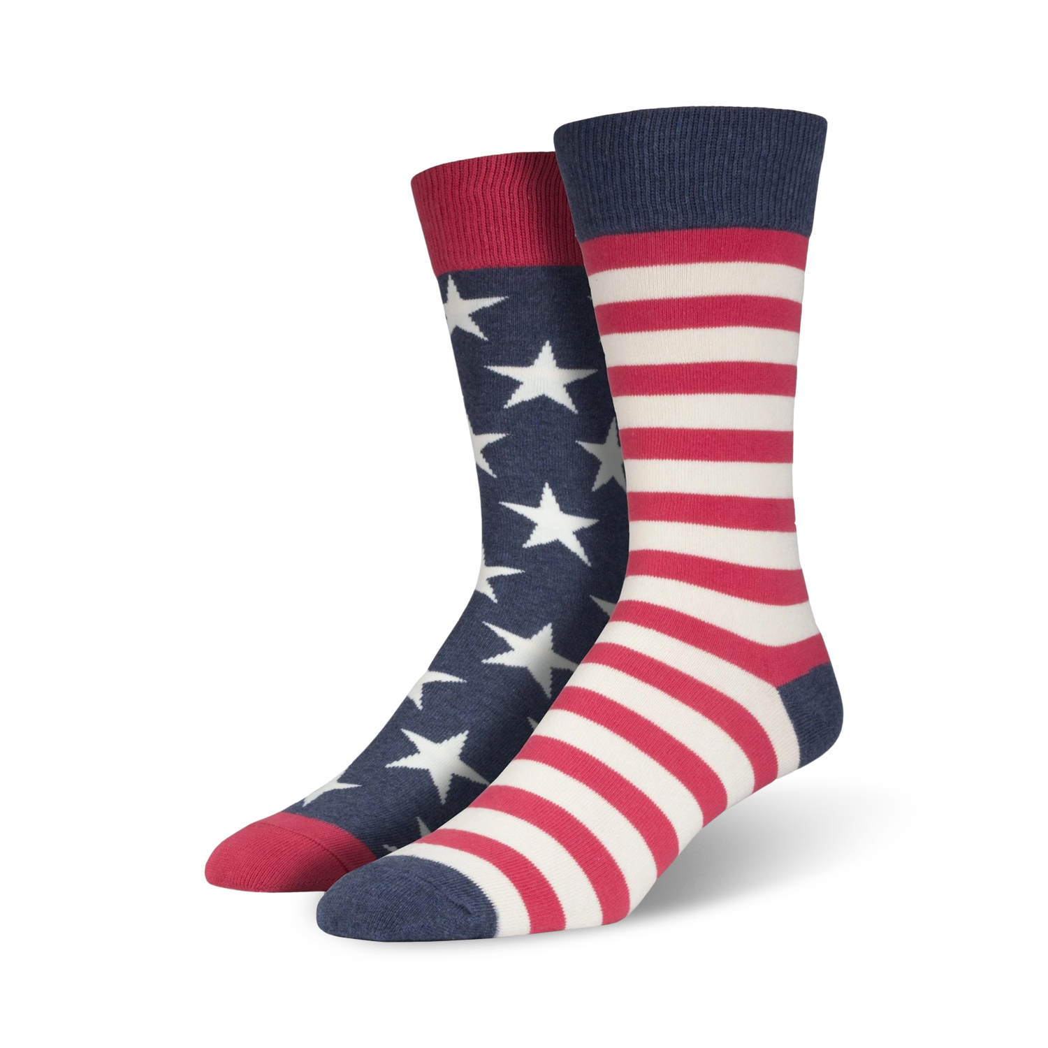 Pair of American Flag XL crew socks. One sock has navy blue stars on a white background; the other has red and white stripes.