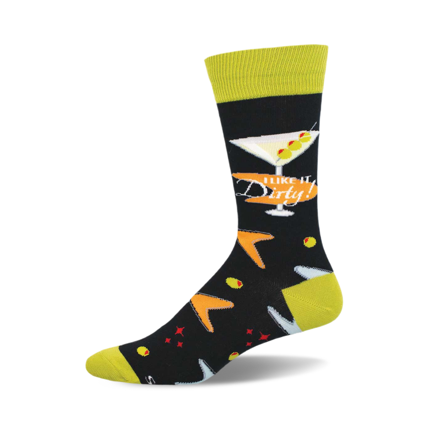 Crew socks in black with a lime green cuff.  The design includes a martini glass, olives, and the text 'I Like it Dirty!'