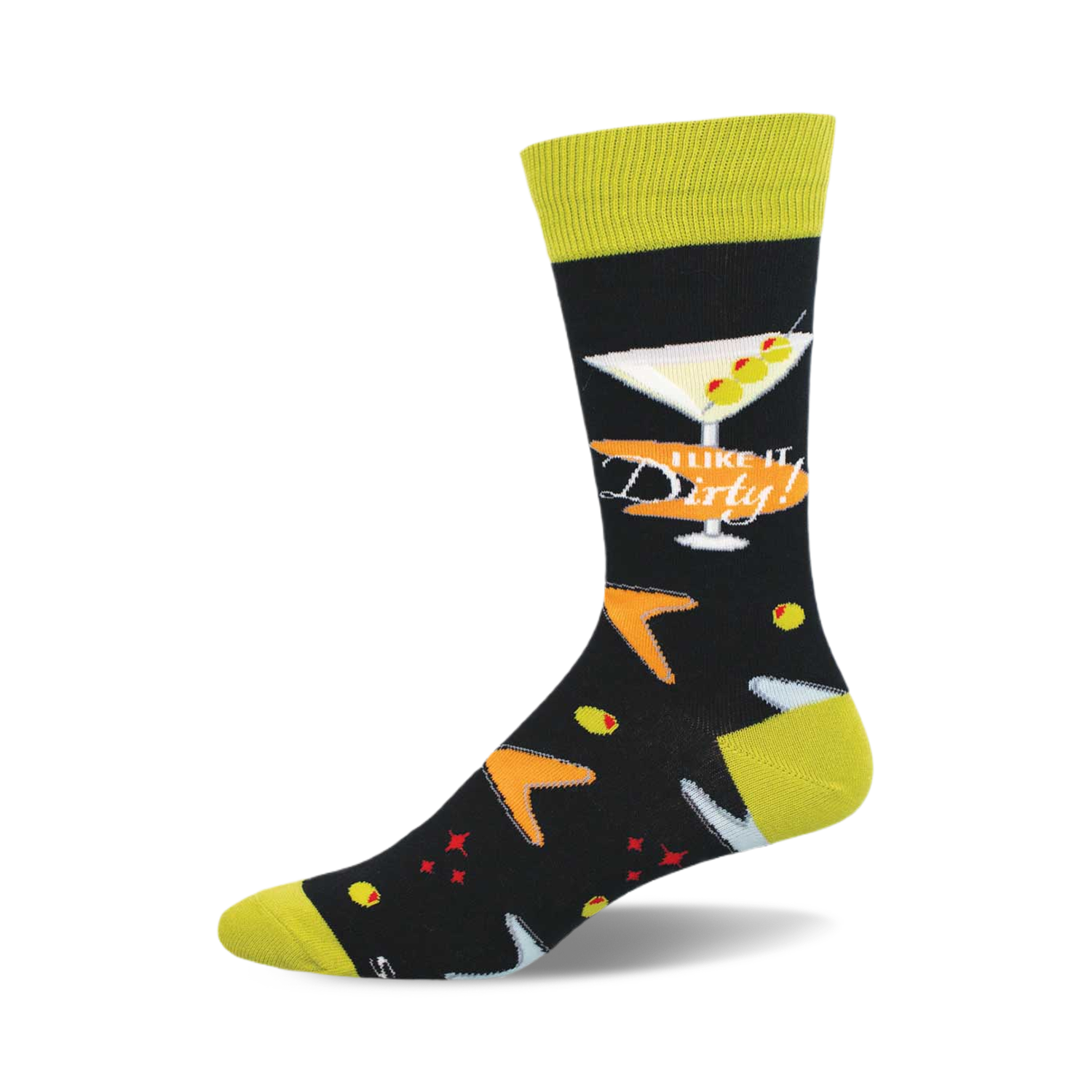 Crew socks in black with a lime green cuff.  The design includes a martini glass, olives, and the text 'I Like it Dirty!'