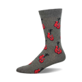 Grey crew socks with a repeating pattern of red boxing gloves.  A fun, sporty design.