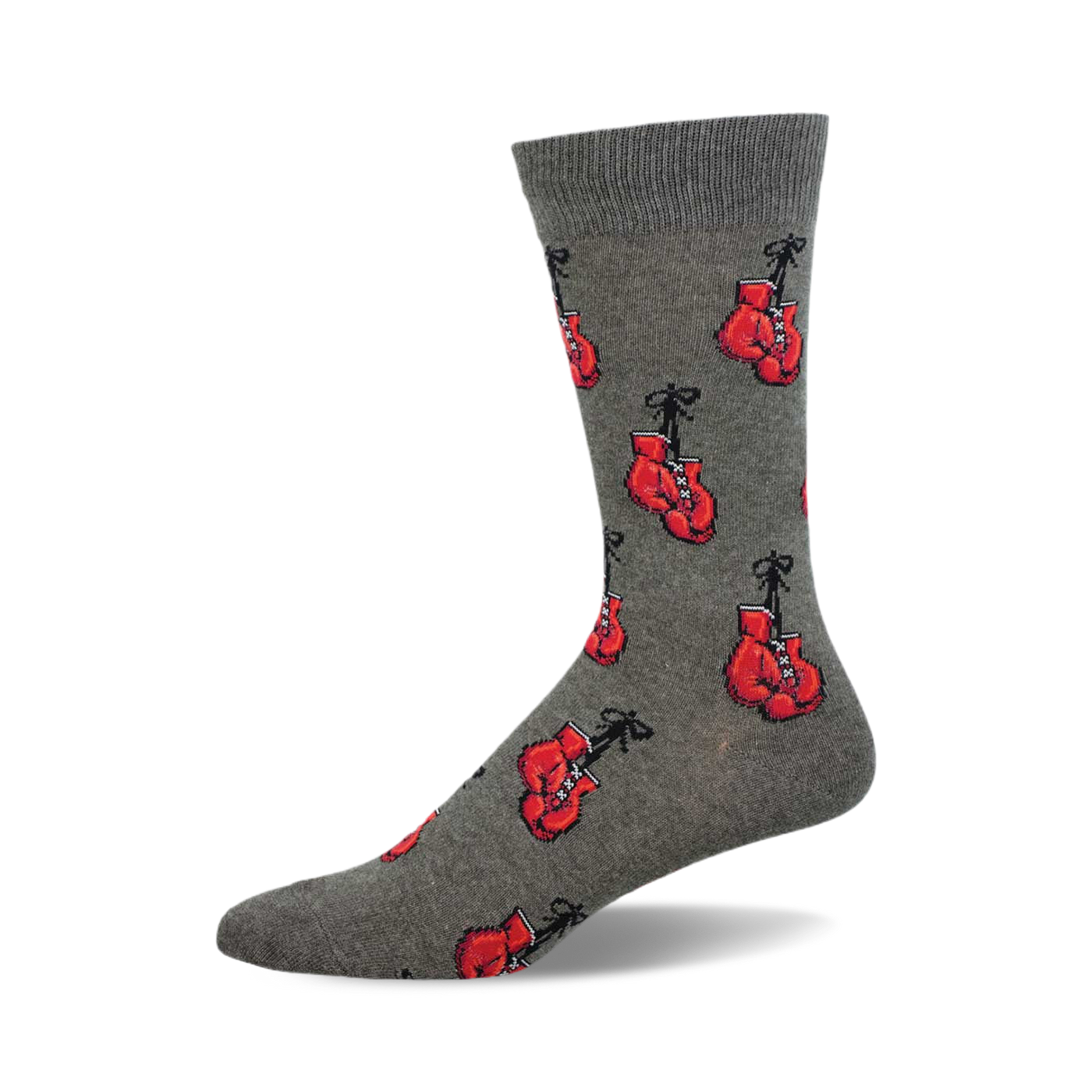 Grey crew socks with a repeating pattern of red boxing gloves.  A fun, sporty design.