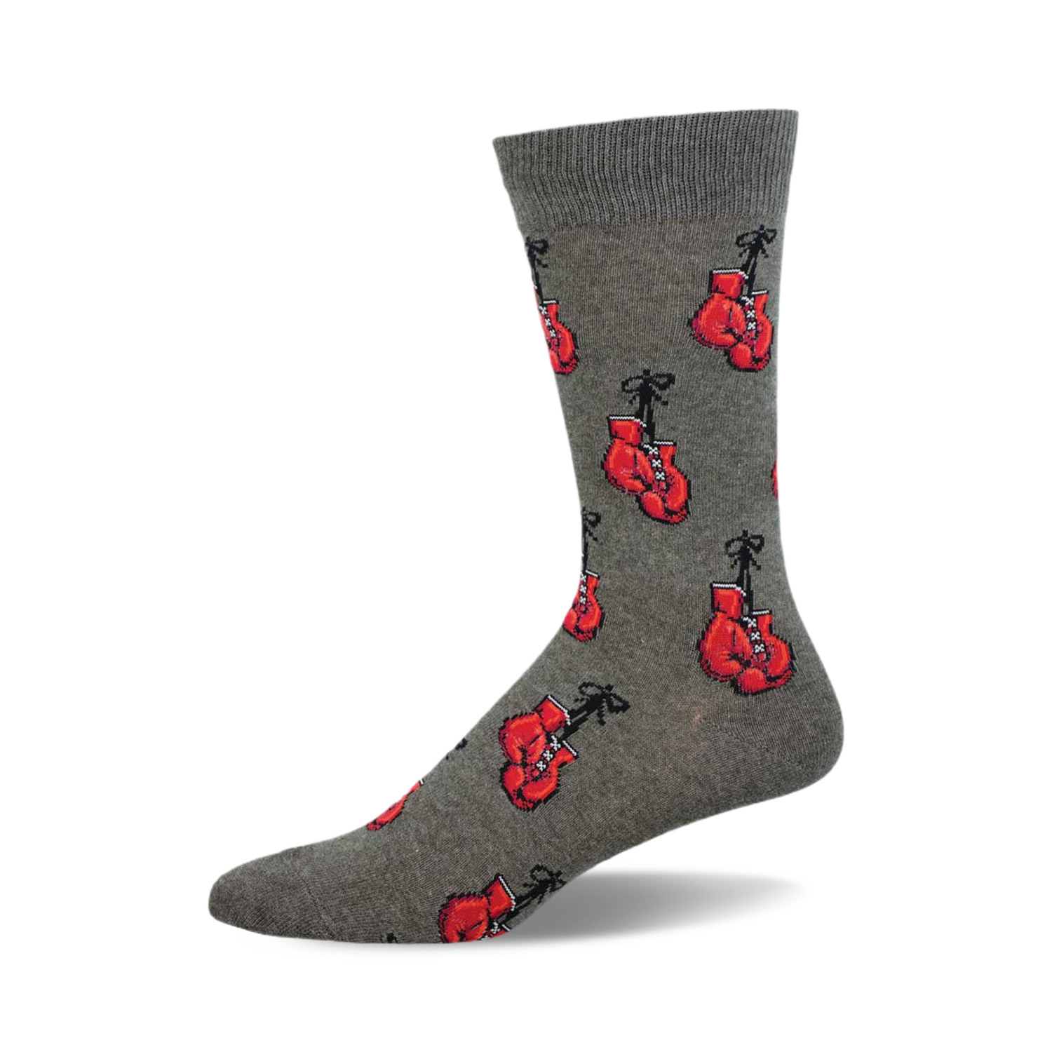 Grey crew socks with a repeating pattern of red boxing gloves.  A fun, sporty design.