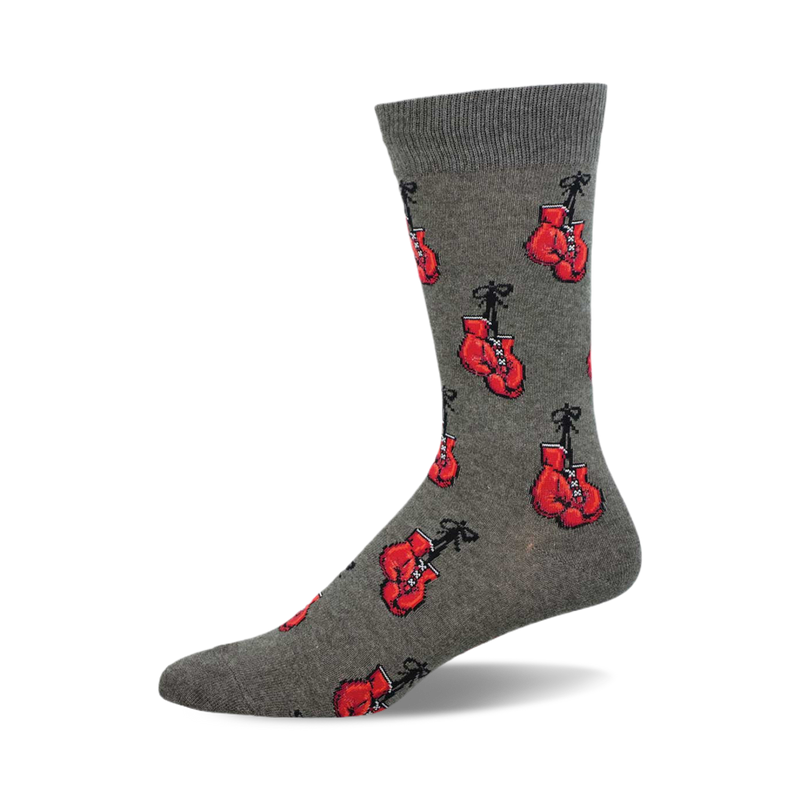Grey crew socks with a repeating pattern of red boxing gloves.  A fun, sporty design.