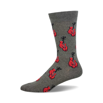 side view of "heavy hitter" gray crew socks featuring a pattern of red boxing gloves.