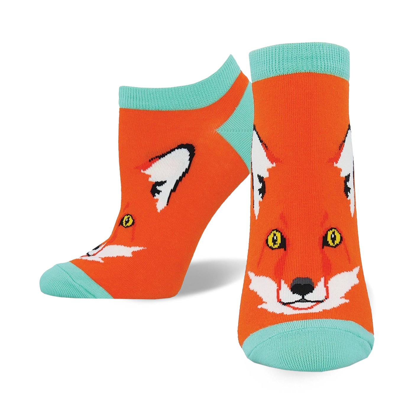 Pair of orange ankle socks with a cute fox face design. The socks have a teal/aqua-colored cuff.