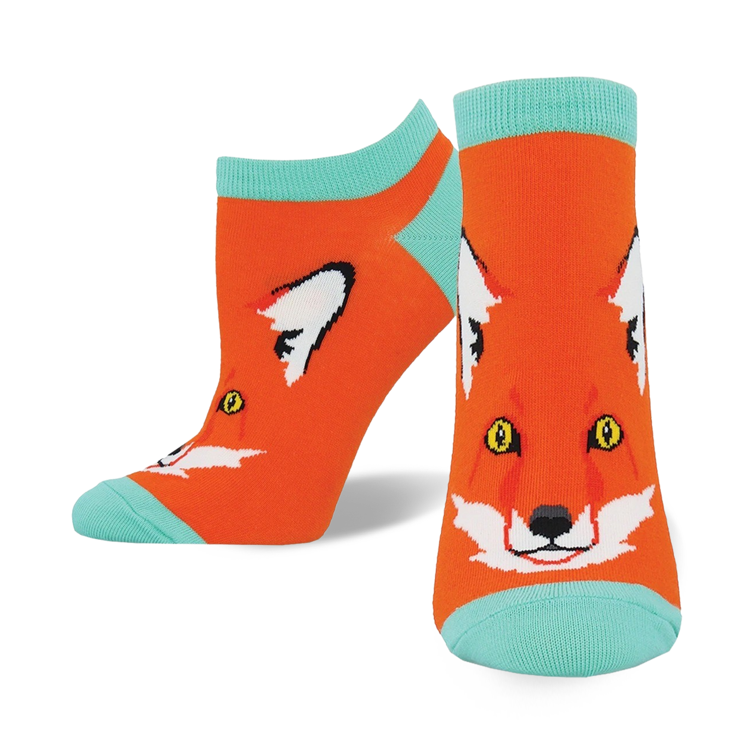 Pair of orange ankle socks with a cute fox face design. The socks have a teal/aqua-colored cuff.