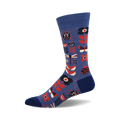 Blue crew socks with a fun pattern of red and black bugs, flowers, and dragonflies.
