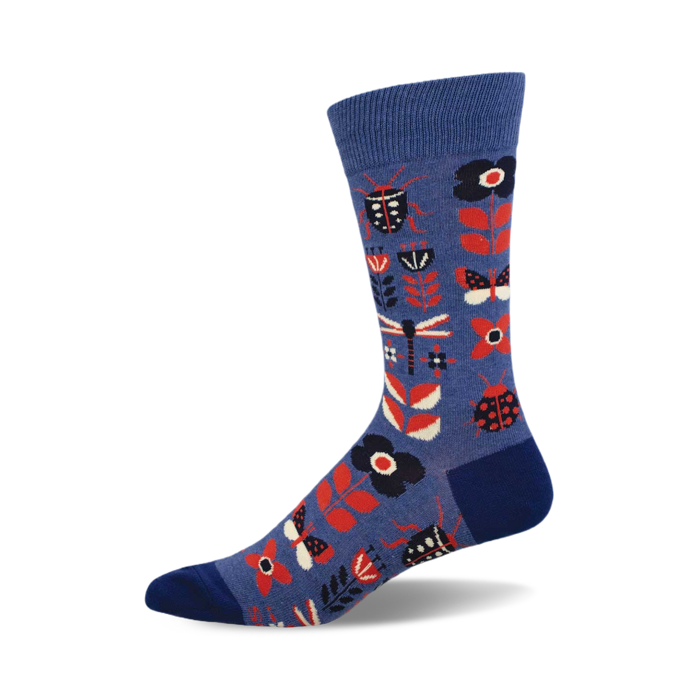 Blue crew socks with a fun pattern of red and black bugs, flowers, and dragonflies.