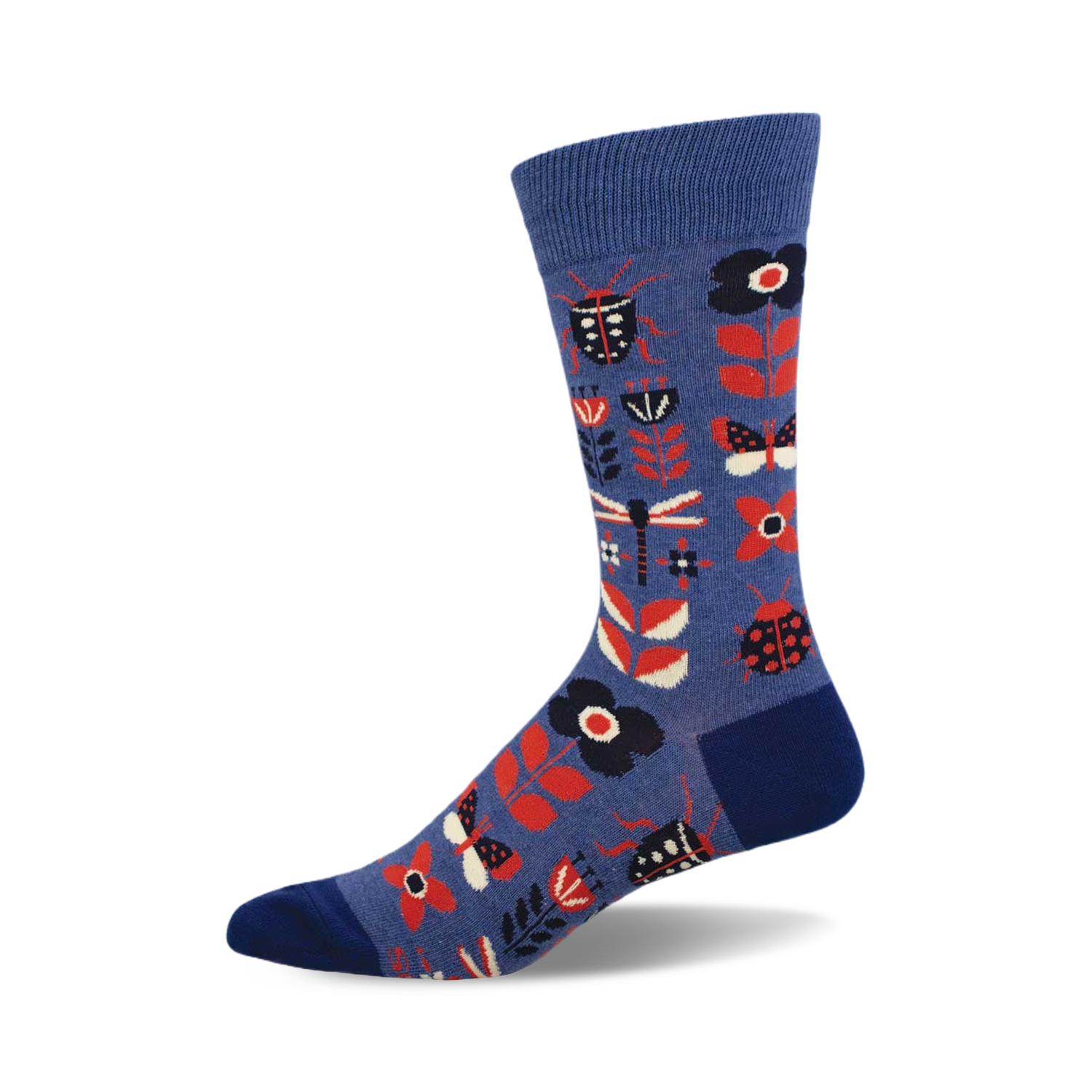 Blue crew socks with a fun pattern of red and black bugs, flowers, and dragonflies.