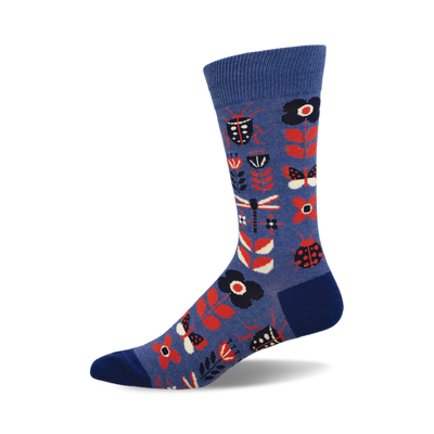 side view of "sorry to bug you" socks. blue socks feature a pattern of red and black bugs, flowers, and dragonflies.