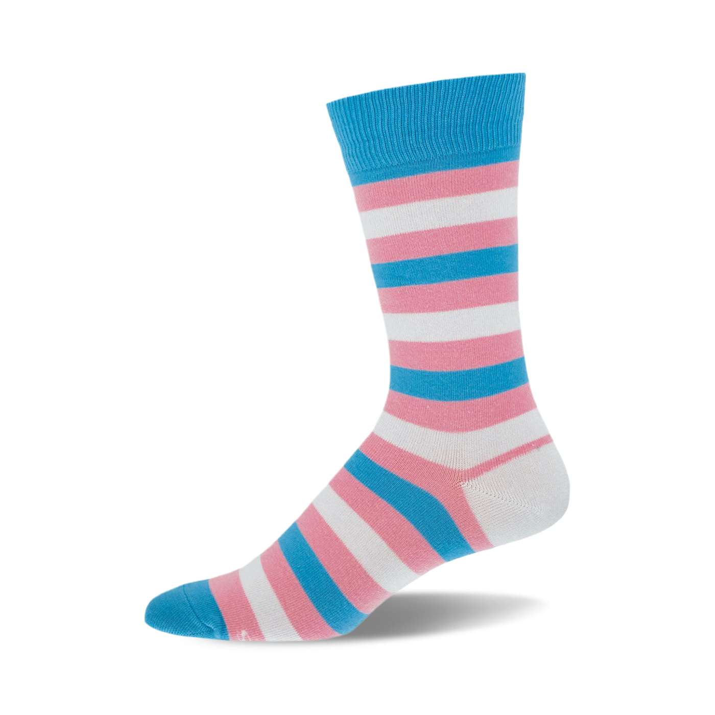 A single crew sock in pink, white, and light blue horizontal stripes. The sock is shown from the side, and the colors represent the transgender pride flag.