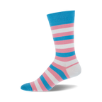 A single crew sock in pink, white, and light blue horizontal stripes. The sock is shown from the side, and the colors represent the transgender pride flag.