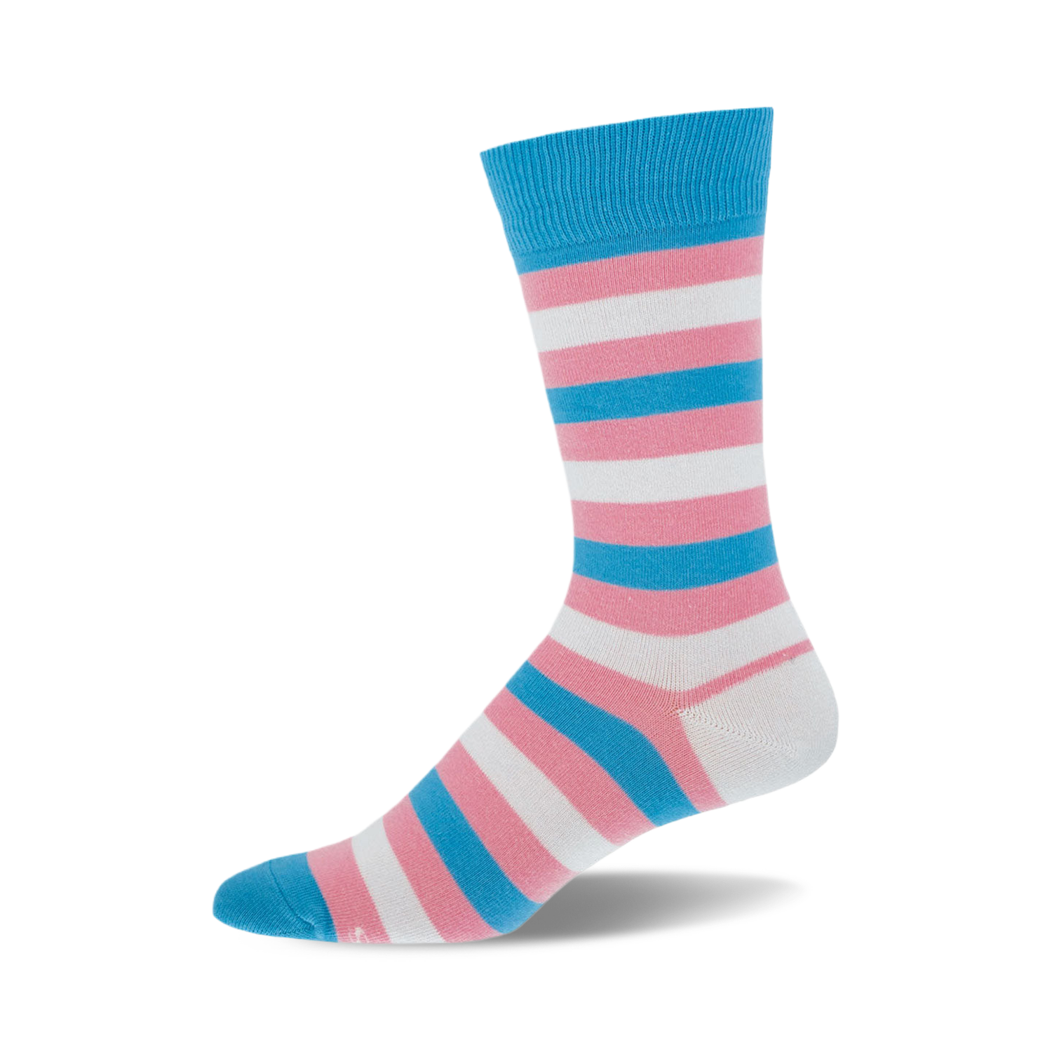 A single crew sock in pink, white, and light blue horizontal stripes. The sock is shown from the side, and the colors represent the transgender pride flag.