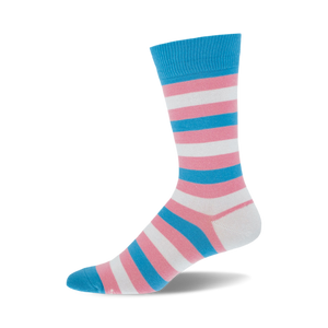 A single crew sock in pink, white, and light blue horizontal stripes. The sock is shown from the side, and the colors represent the transgender pride flag.