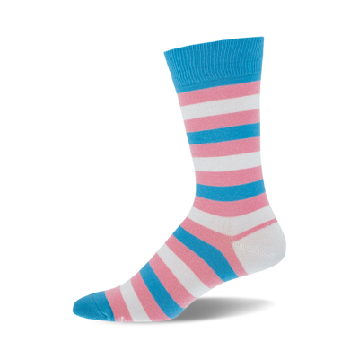 side view of trans stripes sock; pink, white, and light blue horizontal stripes.  supports trans rights.