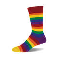 A single crew sock in rainbow horizontal stripes.  Colors include red, orange, yellow, green, blue, purple, and a yellow toe. 