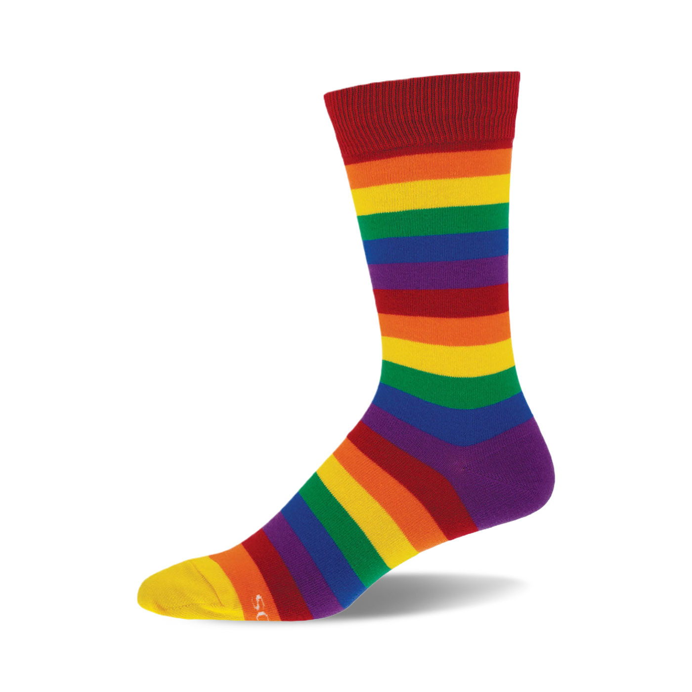 A single crew sock in rainbow horizontal stripes.  Colors include red, orange, yellow, green, blue, purple, and a yellow toe. 