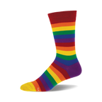 A single crew sock in rainbow horizontal stripes.  Colors include red, orange, yellow, green, blue, purple, and a yellow toe. 