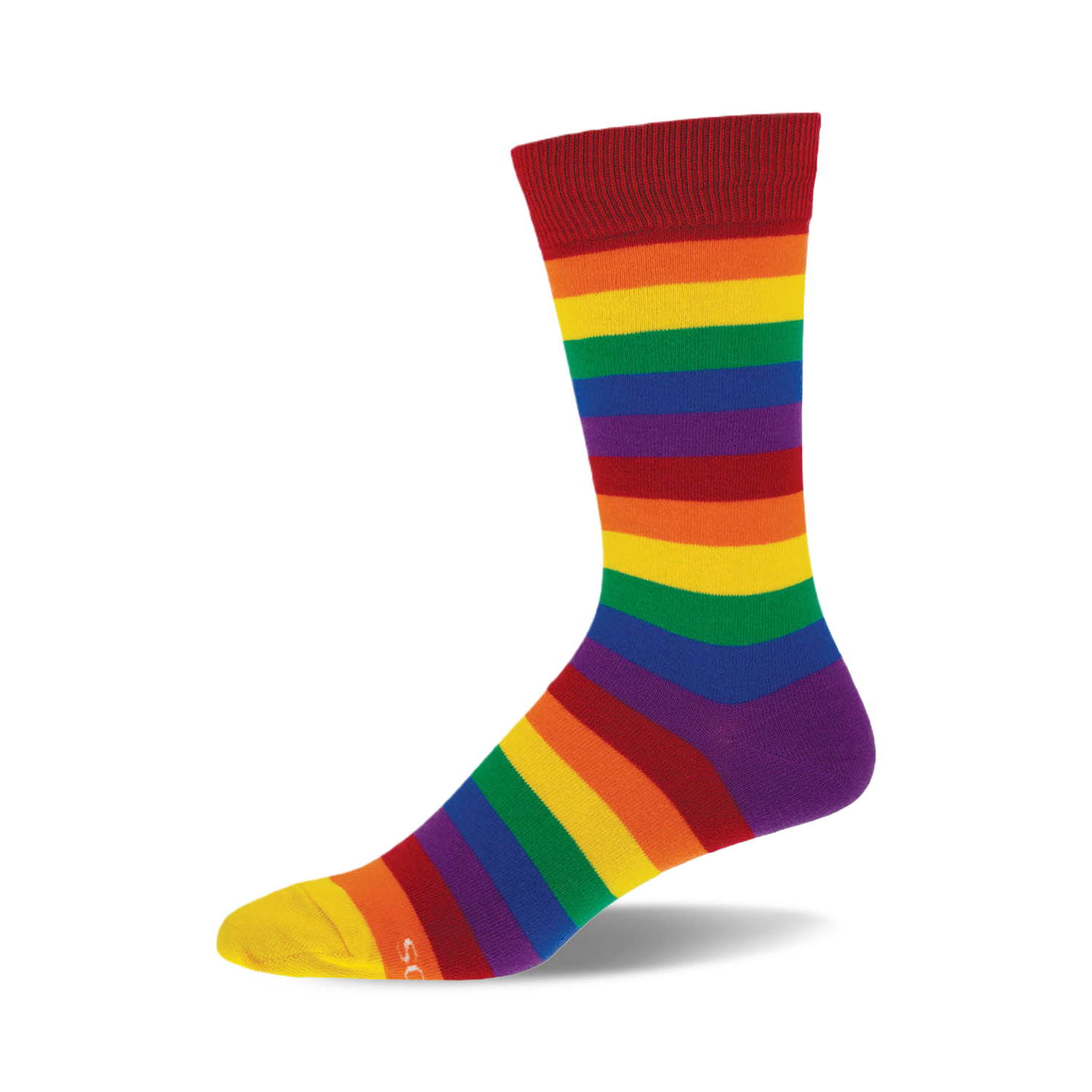 A single crew sock in rainbow horizontal stripes.  Colors include red, orange, yellow, green, blue, purple, and a yellow toe. 
