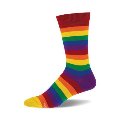 side view of pride stripes rainbow striped socks.  a portion of the yellow toe is visible. 