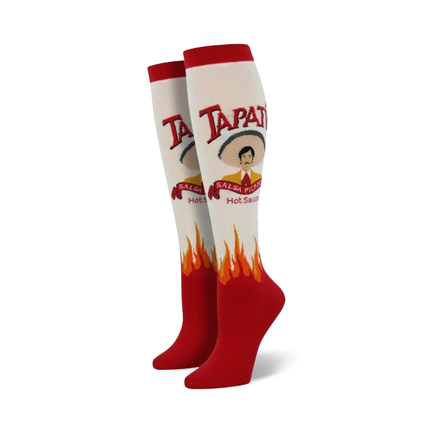 Pair of cream and red knee-high socks.  Features a Tapatio hot sauce bottle design, including the brand logo, mascot, and flames.