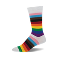 A single crew sock in white with horizontal stripes of pink, light blue, brown, black, red, orange, yellow, green, and purple.  The stripes are reminiscent of a rainbow.