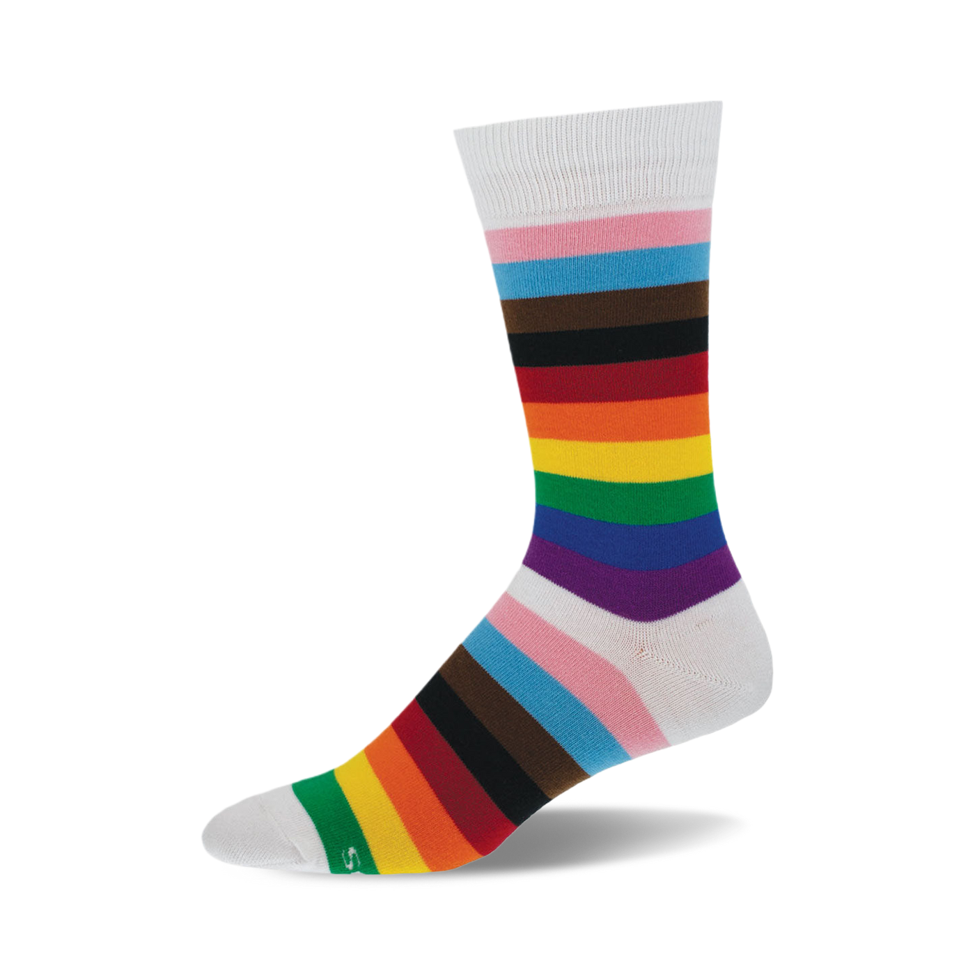 A single crew sock in white with horizontal stripes of pink, light blue, brown, black, red, orange, yellow, green, and purple.  The stripes are reminiscent of a rainbow.