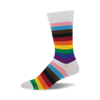 A single crew sock in white with horizontal stripes of pink, light blue, brown, black, red, orange, yellow, green, and purple.  The stripes are reminiscent of a rainbow.
