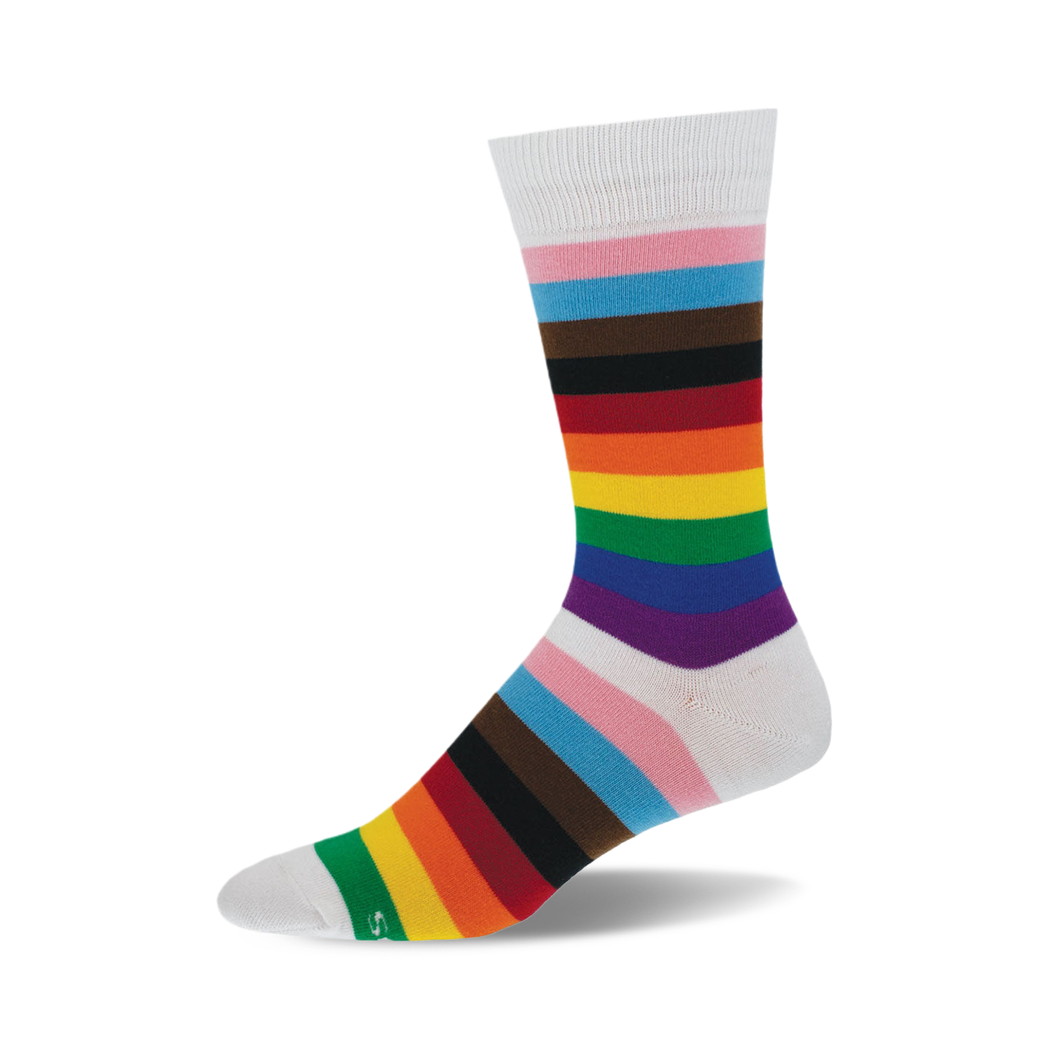 A single crew sock in white with horizontal stripes of pink, light blue, brown, black, red, orange, yellow, green, and purple.  The stripes are reminiscent of a rainbow.