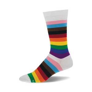 A single crew sock in white with horizontal stripes of pink, light blue, brown, black, red, orange, yellow, green, and purple.  The stripes are reminiscent of a rainbow.
