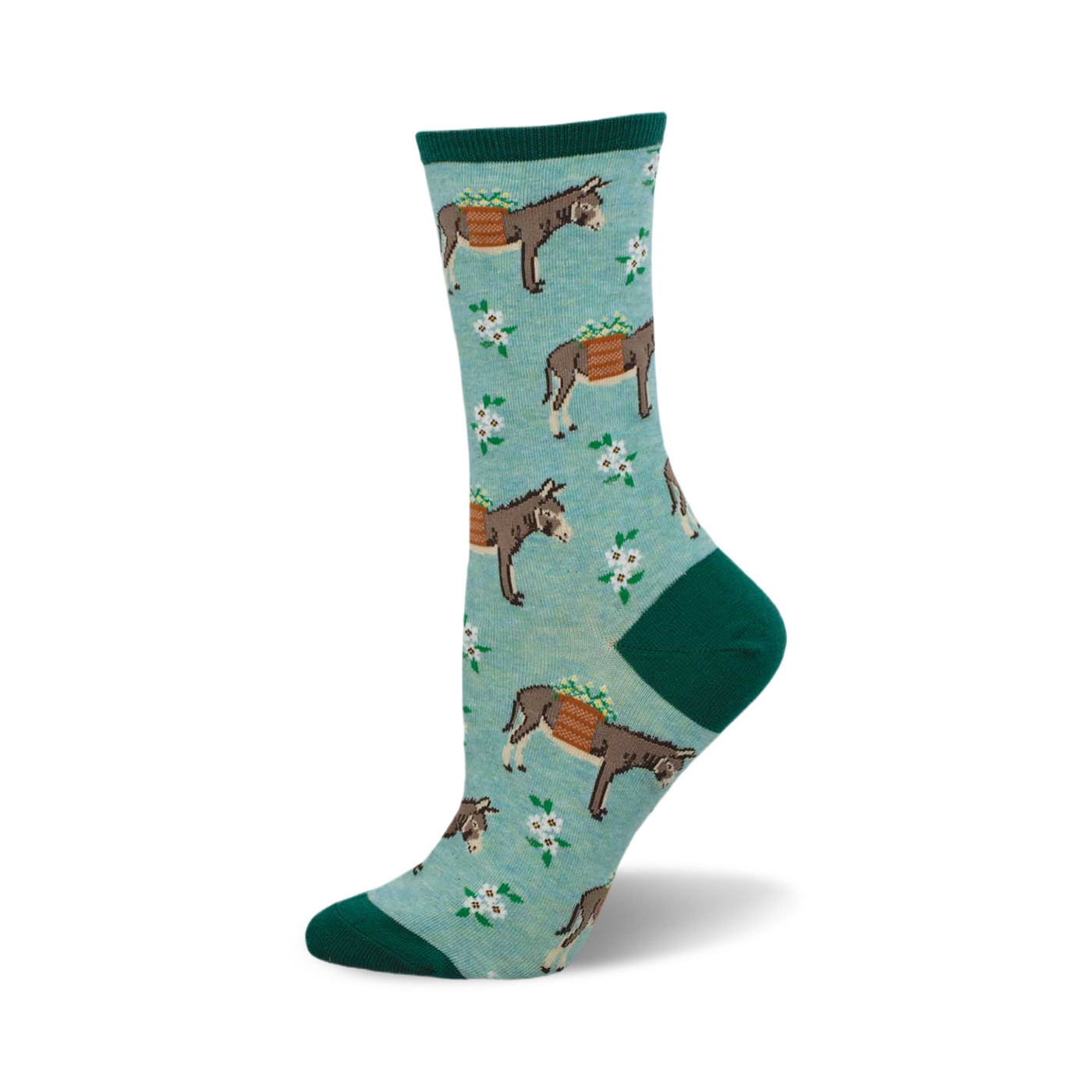 Crew socks featuring donkeys carrying flowers on a light teal background.  The socks are teal and green with a repeating whimsical pattern.