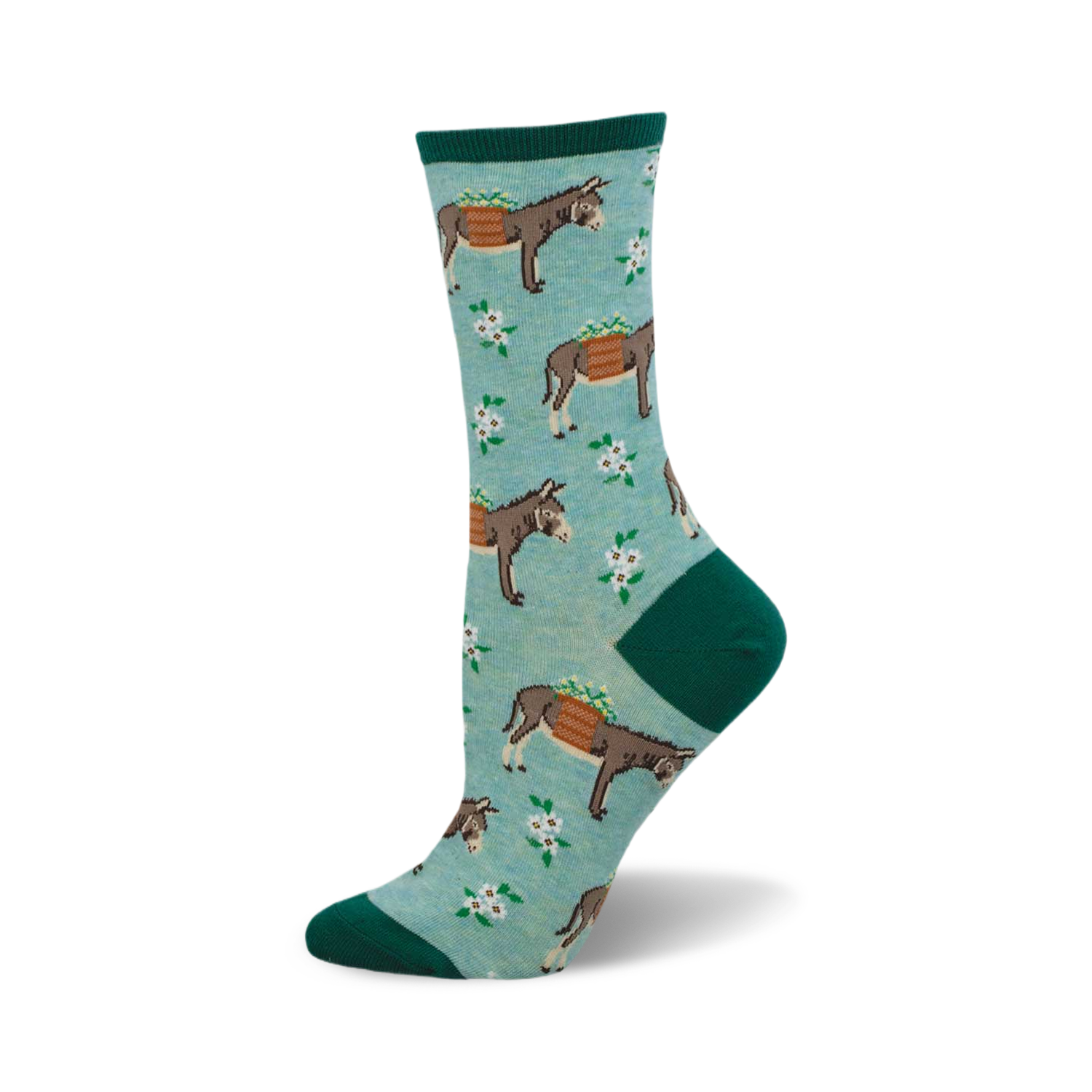 Crew socks featuring donkeys carrying flowers on a light teal background.  The socks are teal and green with a repeating whimsical pattern.