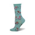 A teal crew sock featuring a repeating pattern of pink bicycles with flower baskets. The design is charming and colorful, perfect for spring.