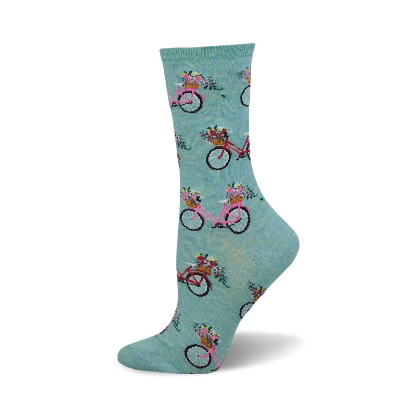 A teal crew sock featuring a repeating pattern of pink bicycles with flower baskets. The design is charming and colorful, perfect for spring.