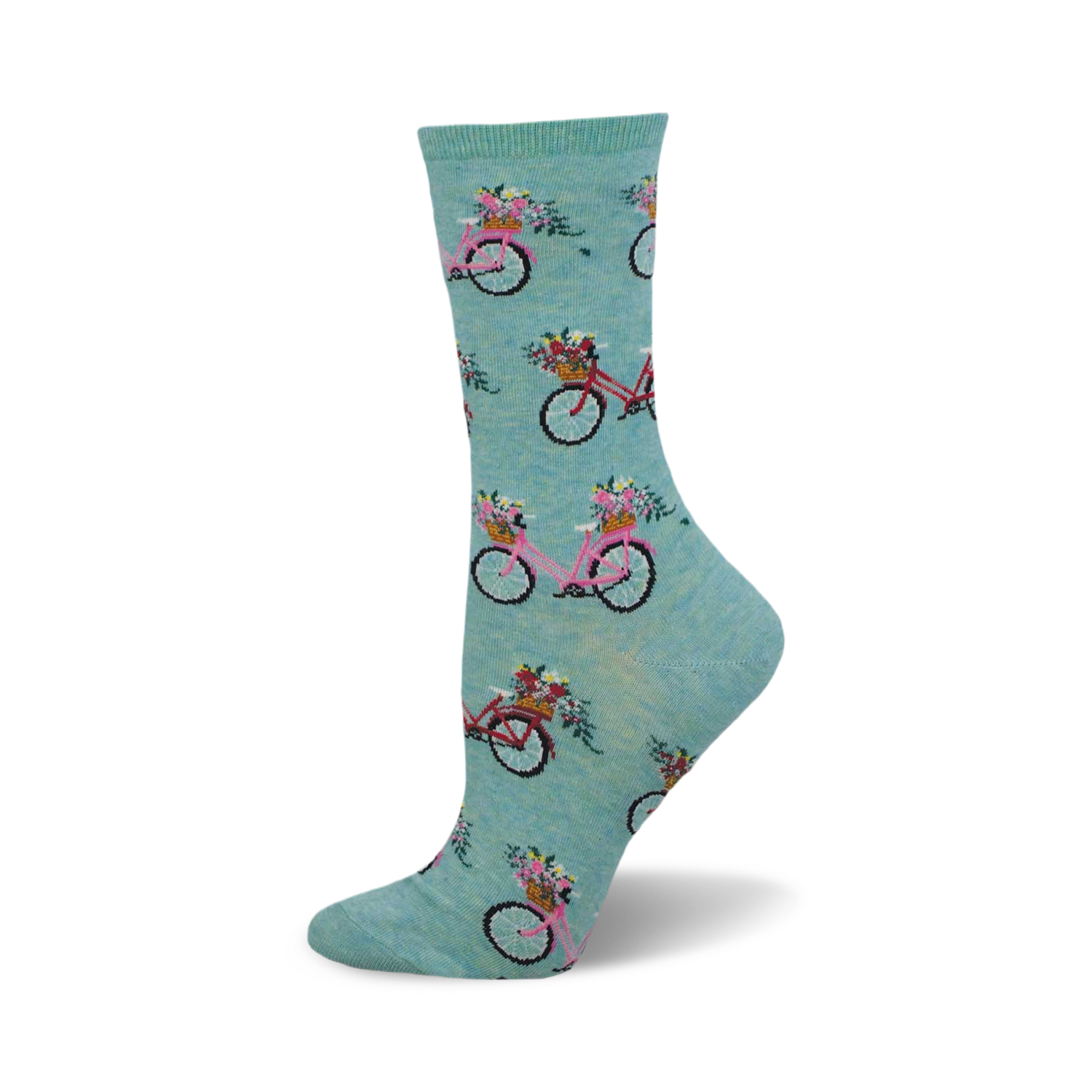 A teal crew sock featuring a repeating pattern of pink bicycles with flower baskets. The design is charming and colorful, perfect for spring.