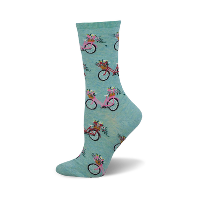 side view of floral cruiser socks. light teal socks feature a repeating pattern of pink bicycles with flower baskets.