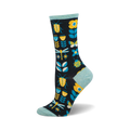 A pair of crew socks in navy blue features yellow ladybugs, dragonflies, butterflies, and flowers on a dark background. The socks have a light teal cuff.