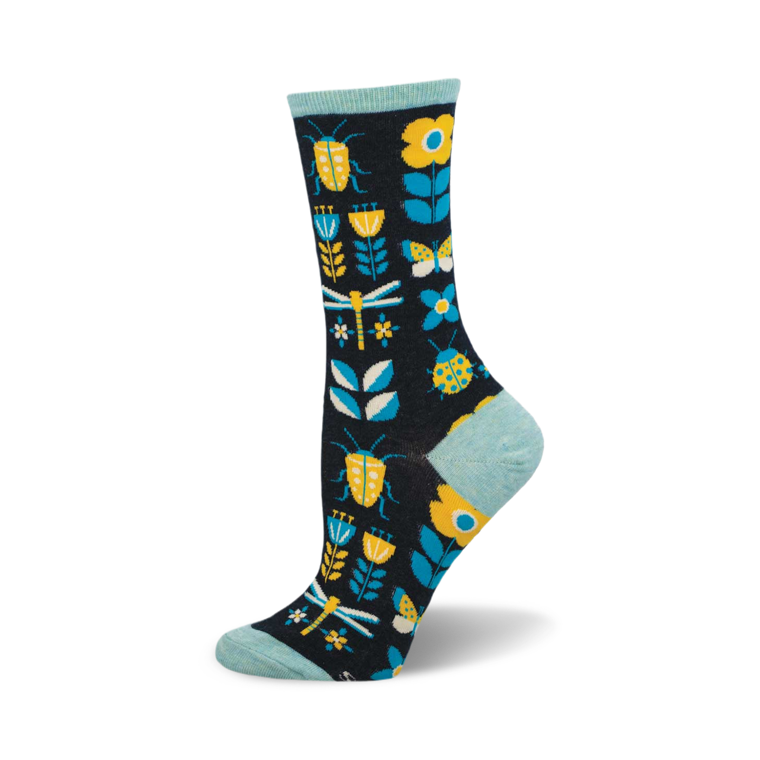 A pair of crew socks in navy blue features yellow ladybugs, dragonflies, butterflies, and flowers on a dark background. The socks have a light teal cuff.