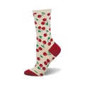 Cream crew socks with a repeating pattern of red cherries and green stems. Red heel and toe.