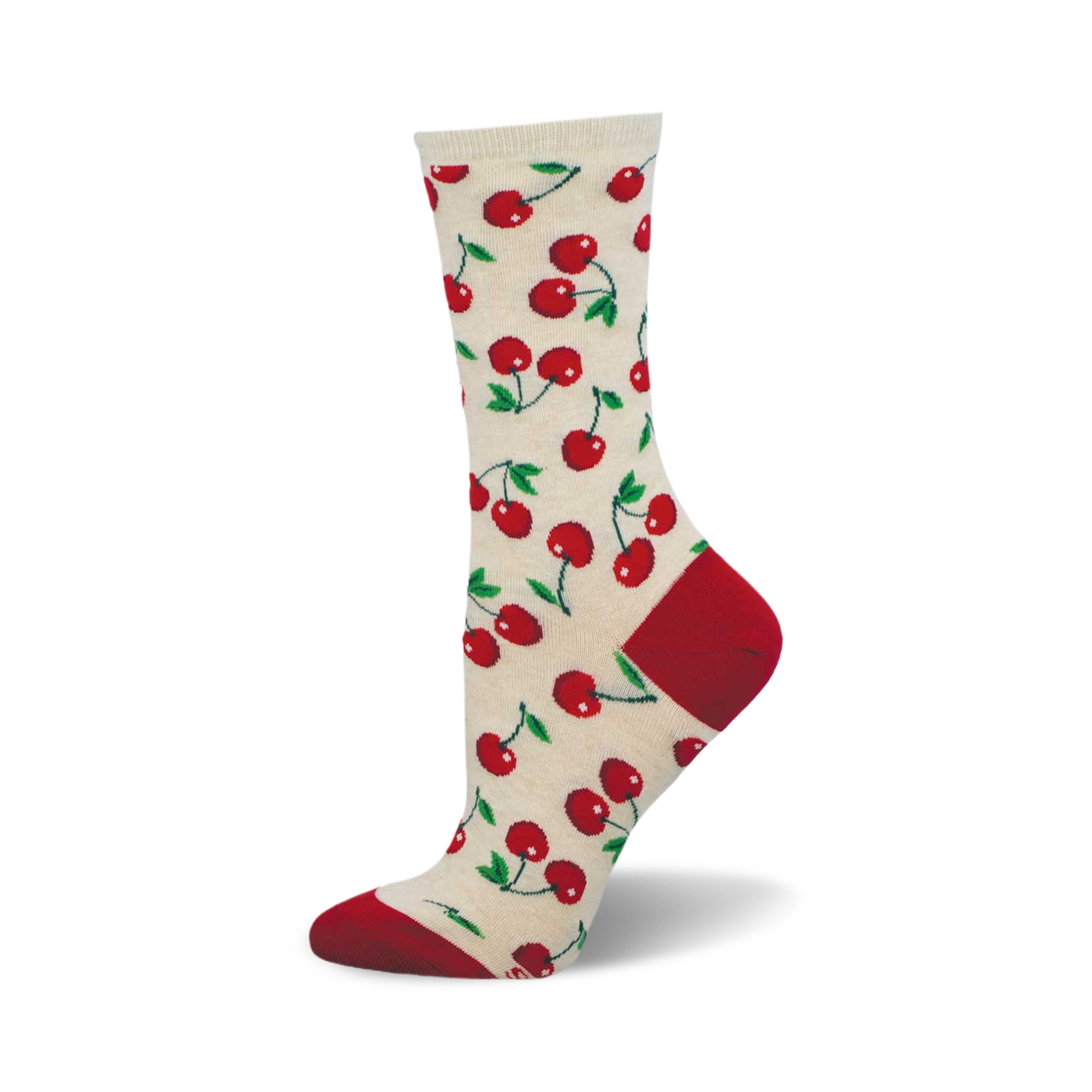 Cream crew socks with a repeating pattern of red cherries and green stems. Red heel and toe.