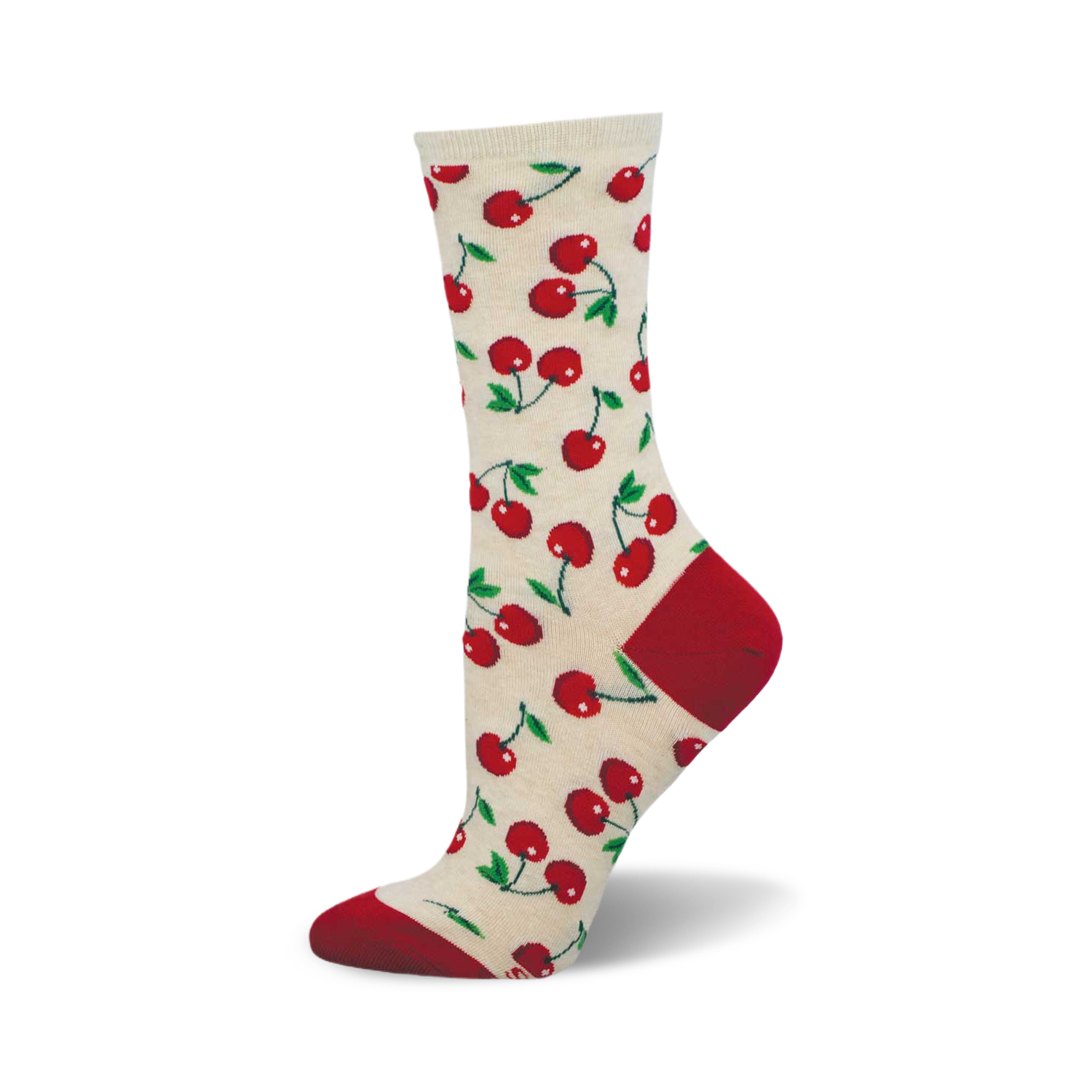 Cream crew socks with a repeating pattern of red cherries and green stems. Red heel and toe.