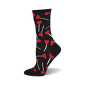 Black crew socks with a pattern of red heart-shaped lollipops on sticks. Fun and whimsical design.