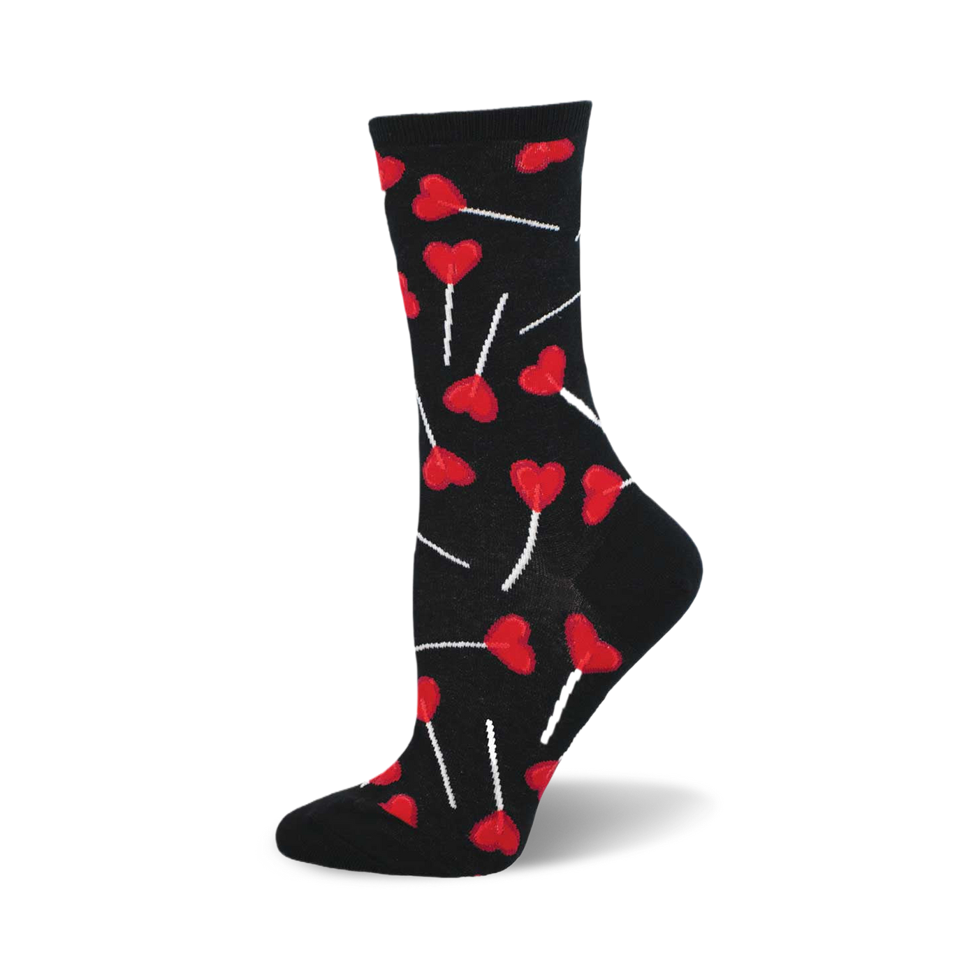 Black crew socks with a pattern of red heart-shaped lollipops on sticks. Fun and whimsical design.