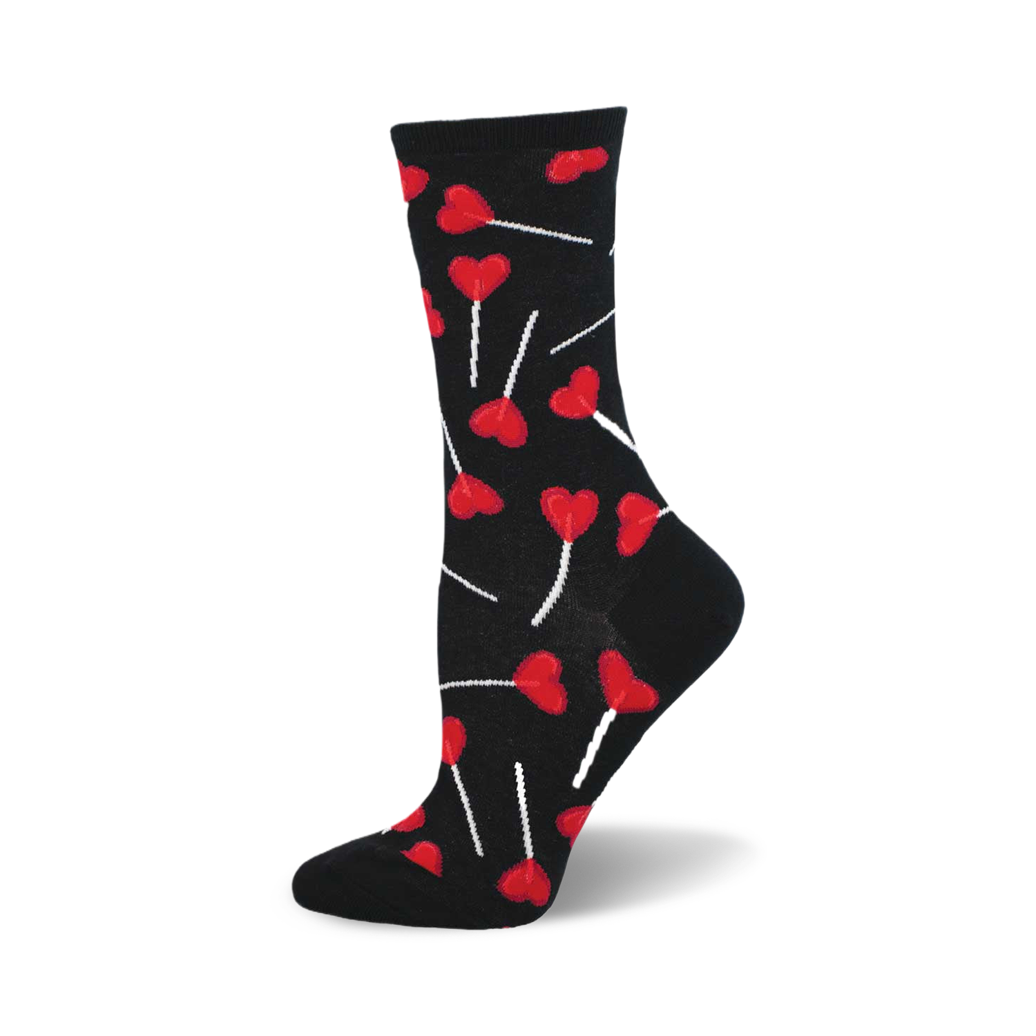 Black crew socks with a pattern of red heart-shaped lollipops on sticks. Fun and whimsical design.