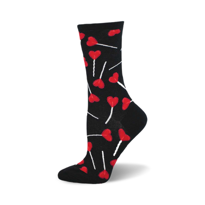 side view of black crew socks featuring a pattern of red heart-shaped lollipops.  "i heart lollipops" socks.