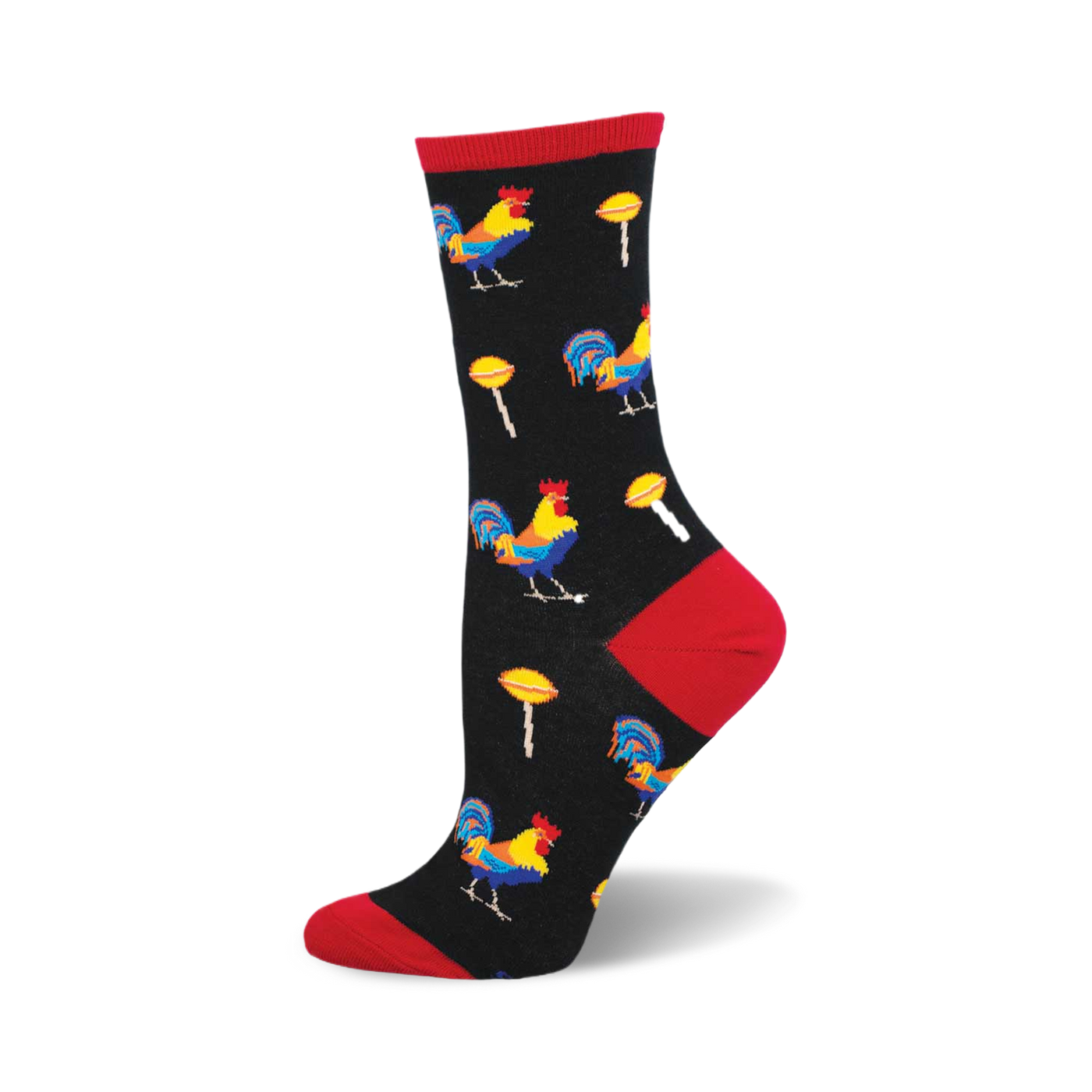 Crew socks in black with colorful rooster and lollipop designs. Red accents at the heel and toe.