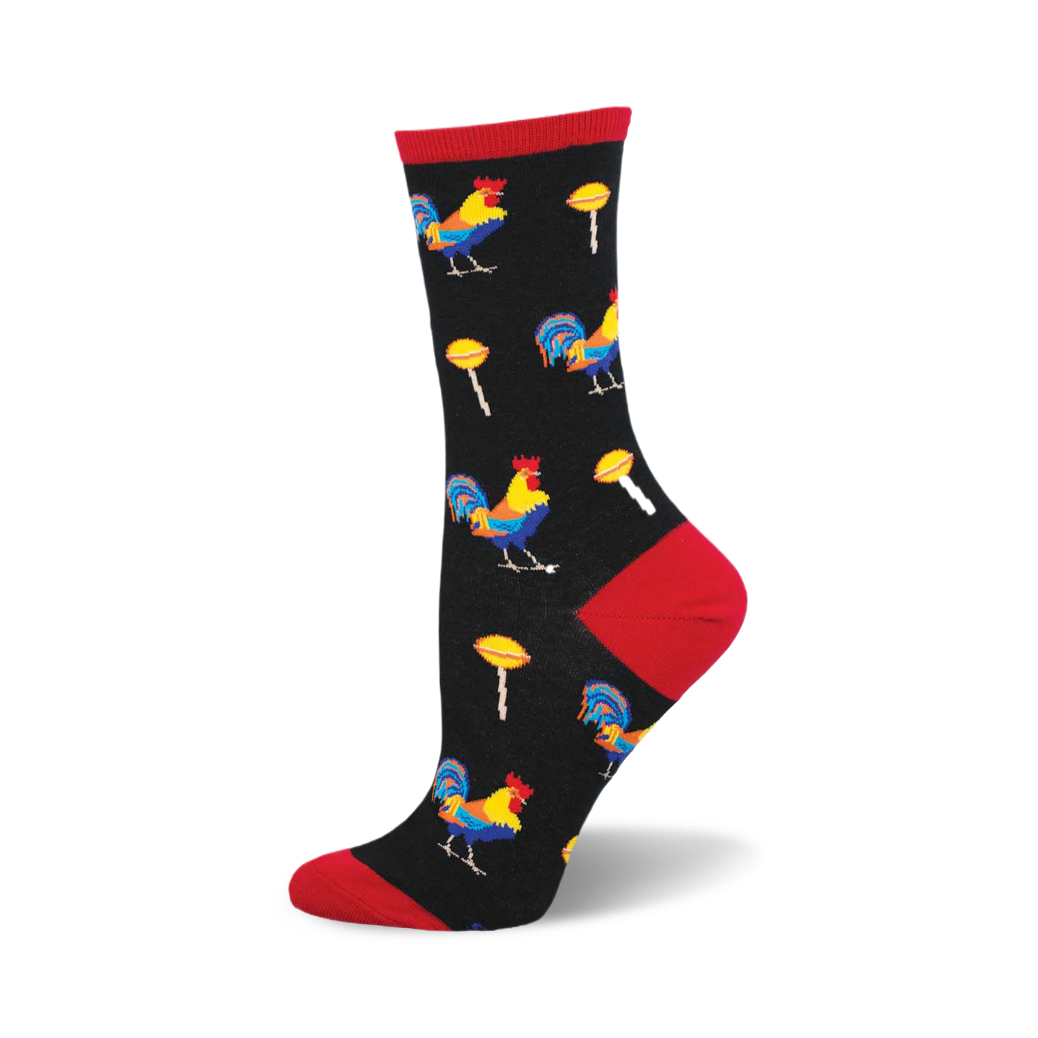 Crew socks in black with colorful rooster and lollipop designs. Red accents at the heel and toe.