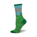 Crew socks in green and light blue, depicting a field of grass, flowers, and a butterfly with the phrase 'Touch Grass'.